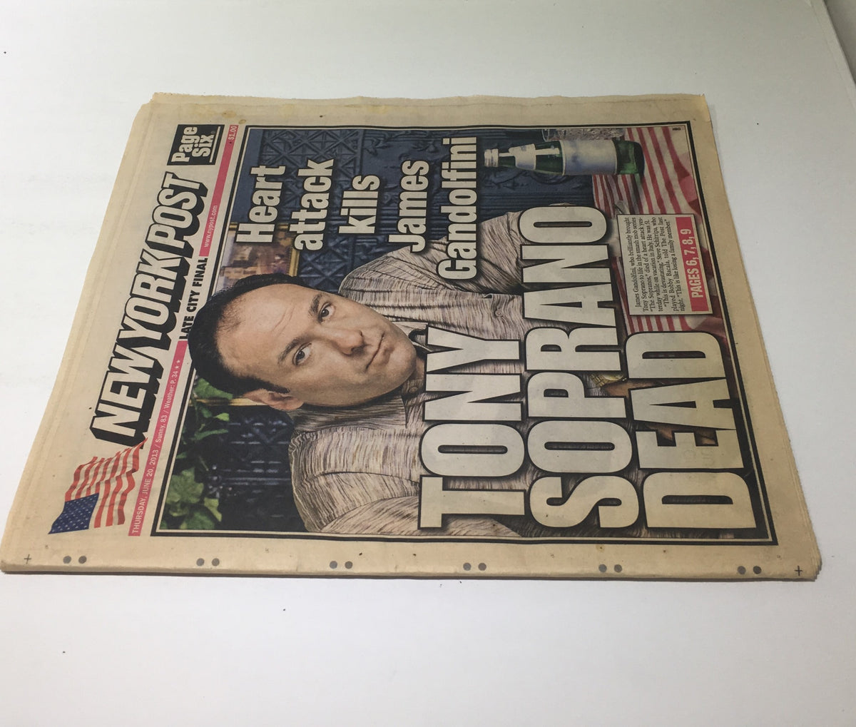 NY Post front cover reiterating the headline "Heart Attack Kills James Gandolfini" featuring a close-up image of Gandolfini, emphasizing the news of his death.
