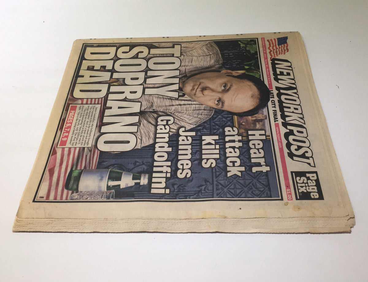 Another angle of the NY Post cover showing the headline "Tony Soprano Dead" alongside a notable image of James Gandolfini, celebrating his iconic role.