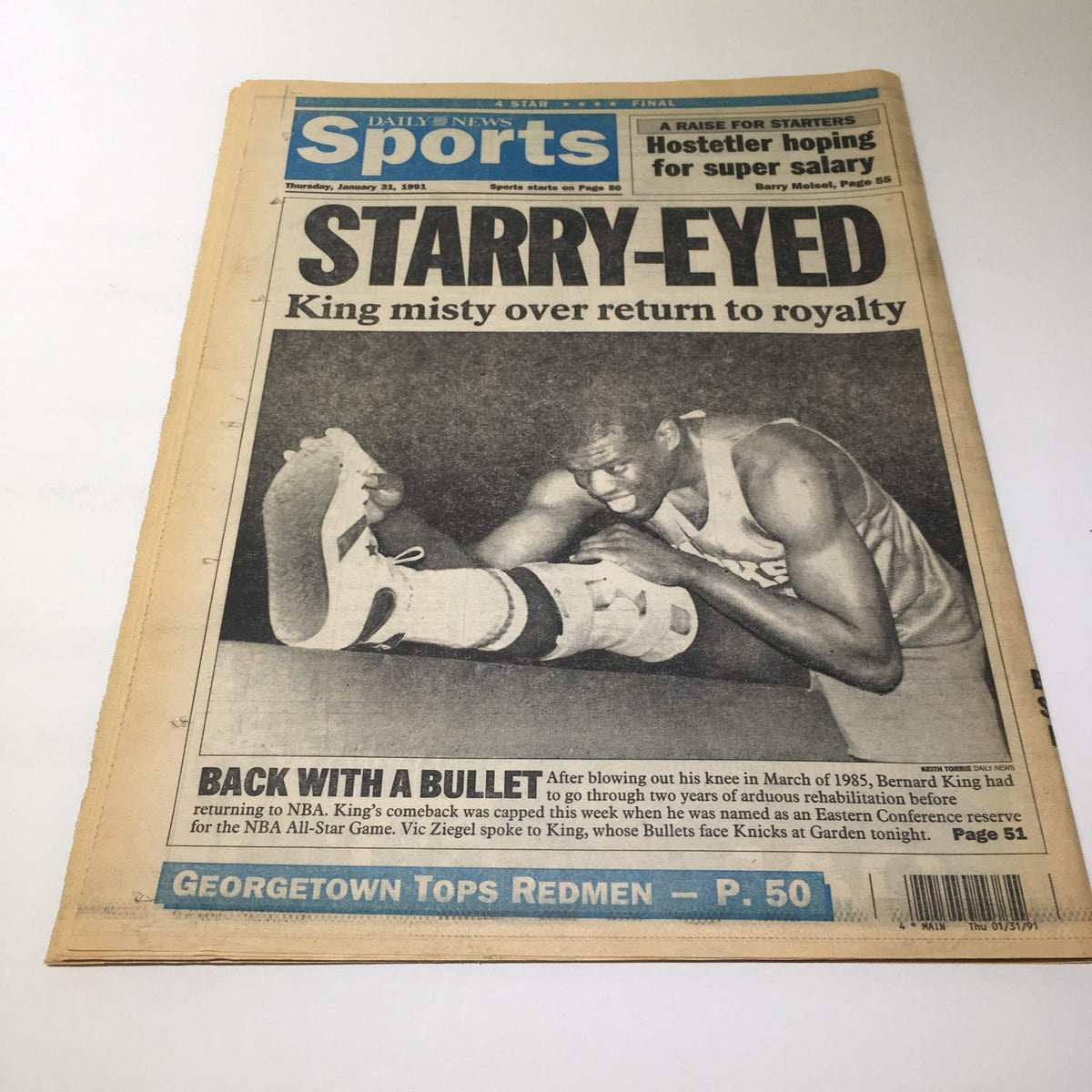 Cover of NY Daily News sports section from January 30, 1991, titled 'Starry-Eyed', highlighting basketball player Bernard King's return.