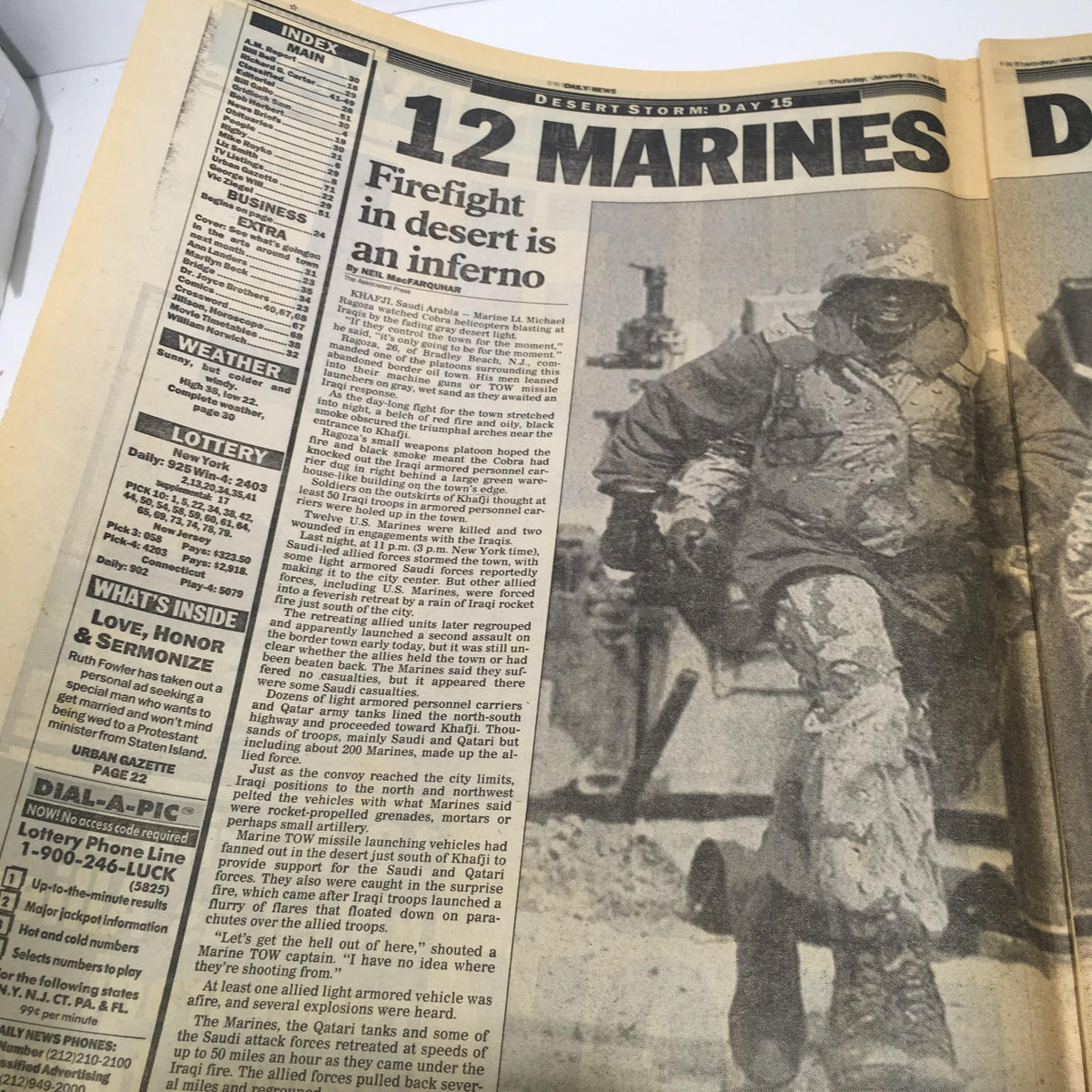 NY Daily News article titled '12 Marines', detailing firefights during the Gulf War and the tragic loss of 12 Marines.