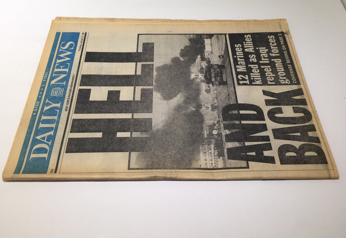 Front page of NY Daily News from January 30, 1991, titled 'Hell and Back', reporting on the Gulf War and the loss of 12 Marines.