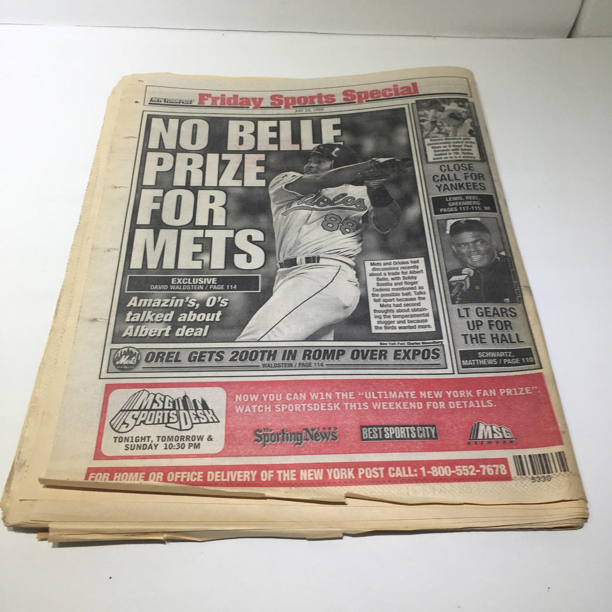 NY Post sports section front page from July 23, 1999, featuring an article about the Mets and Albert deal.