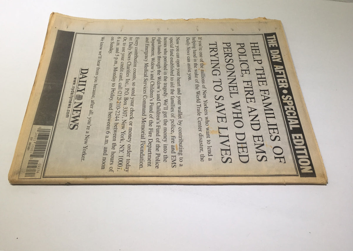 Reverse side of the NY Daily News special edition featuring a call to action for contributions towards families of first responders after the 9/11 attacks.