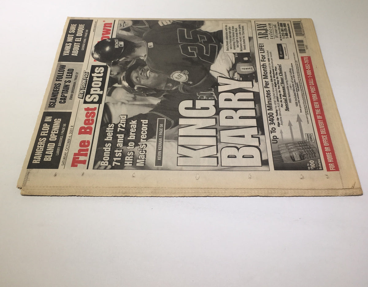 Side view of the NY Post from October 6, 2001, with the headline 'KING BARRY!' showcasing Barry Bonds celebrating his home run achievement.