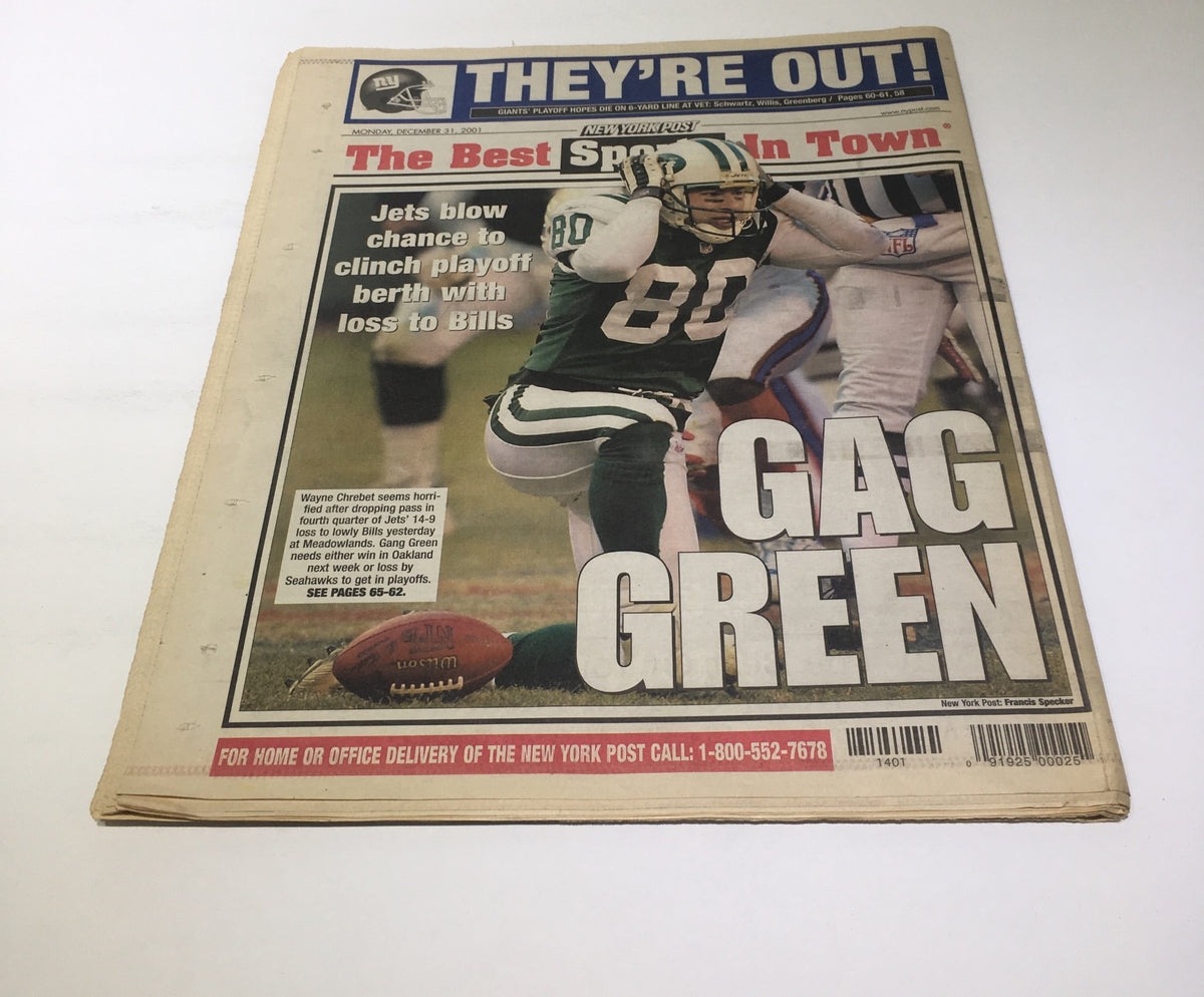 New York Post cover story under the headline 'They’re Out!' discussing the Jets' missed playoff berth with a 2001 image of Wayne Chrebet captured in action.