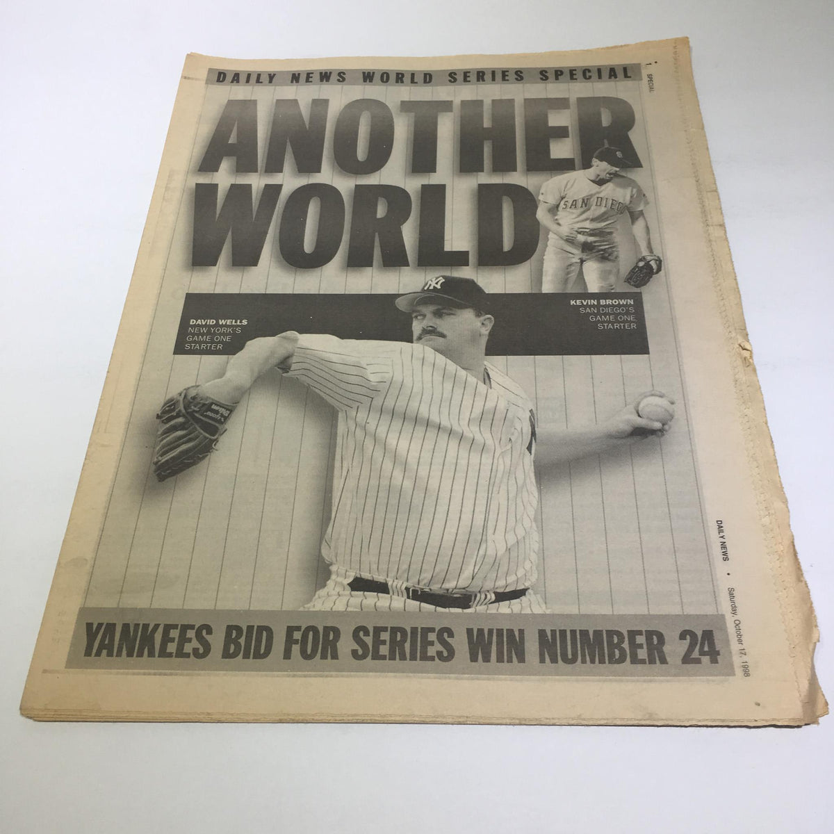 New York Daily News cover featuring David Wells, showcasing the headlines 'Another World' and 'Yankees Bid for Series Win Number 24', October 17, 1998.