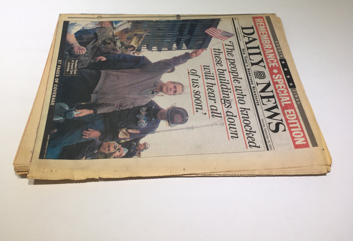 New York Daily 911 President George W Bush Remembrance Special Edition, featuring a historic front page image of public reaction after the 9/11 attacks, dated September 15, 2001.