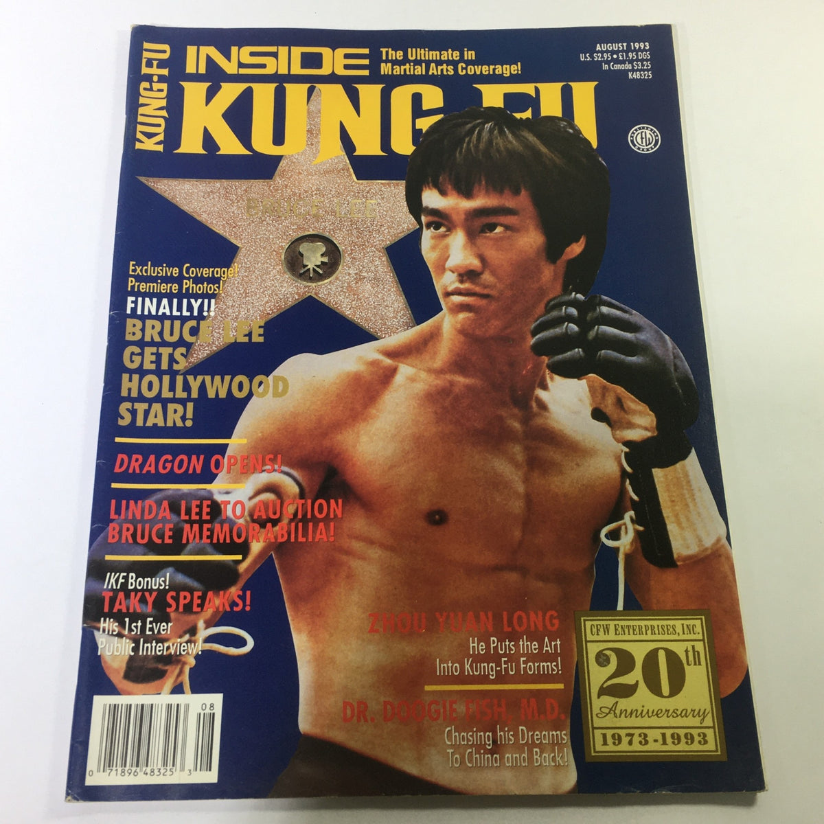 Cover of Inside Kung Fu Magazine, August 1993, featuring Bruce Lee, Zhou Yuan Long, and Linda Lee, highlighting martial arts history and exclusive interviews.