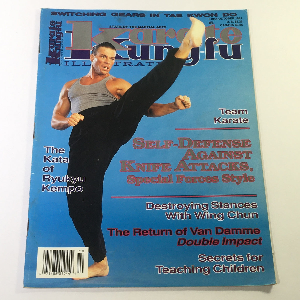 Cover of Karate Kung Fu Illustrated Magazine from October 1991 featuring a high kick demonstration. The magazine highlights articles on self-defense, featuring topics like knife attack defense and Wing Chun techniques, with Jean-Claude Van Damme prominently featured.