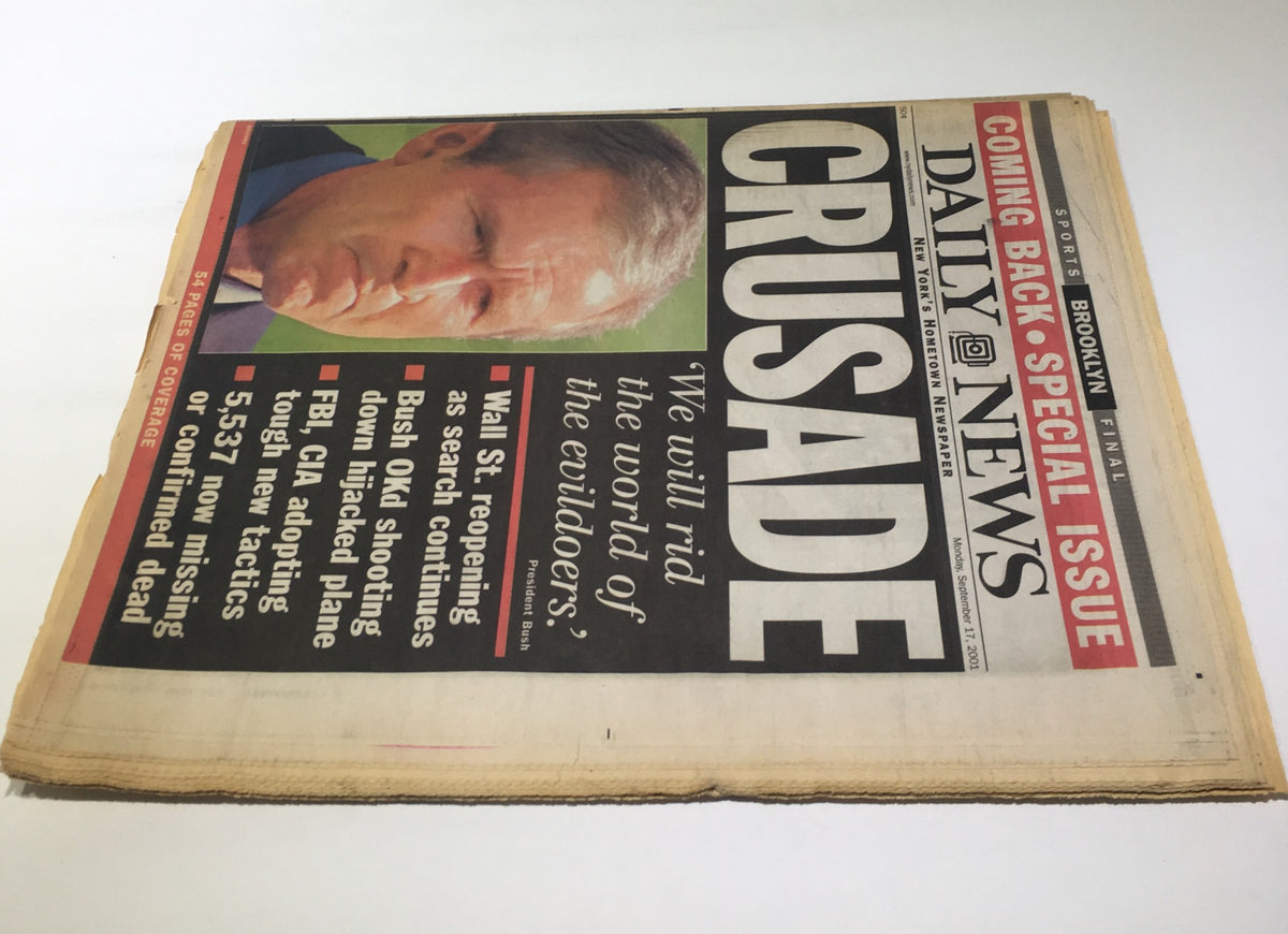 Front page of NY Daily News September 17, 2001 featuring the headline 'CRUSADE' alongside President Bush's image, discussing national responses post-9/11.