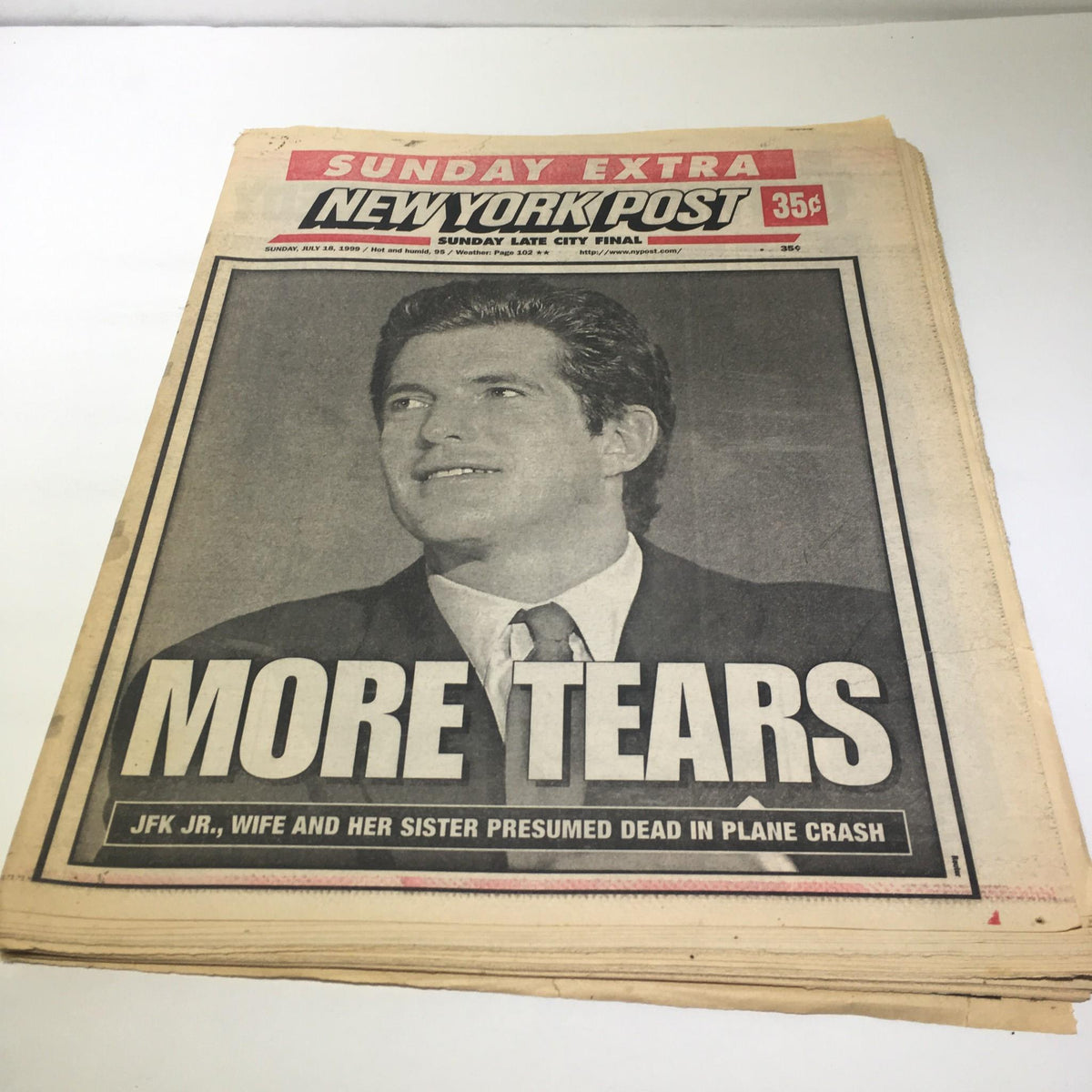 Front page of the New York Post dated July 18, 1991, featuring the headline 'MORE TEARS' regarding JFK Jr., his wife, and her sister presumed dead in a plane crash.