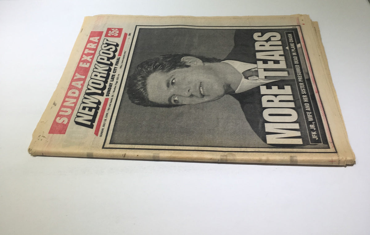 Sunday Extra edition of the New York Post with the headline 'More Tears,' discussing the presumed deaths of JFK Jr's wife and her sister in a plane crash.