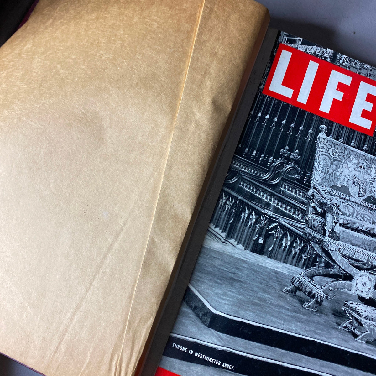 Inside view of the VTG 1937 Bound Life Magazine March - June Weekly Issue, displaying the magazine cover of the March 15, 1937 edition with the throne in Westminster Abbey.