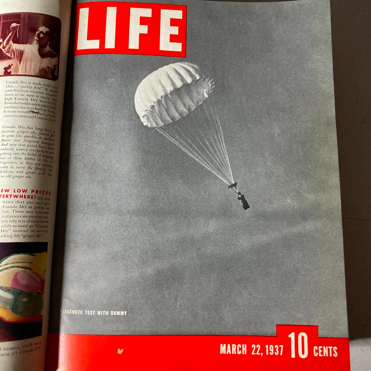 Cover of VTG 1937 Bound Life Magazine - March 22, 1937 issue showcasing a Parachute Test demonstration.