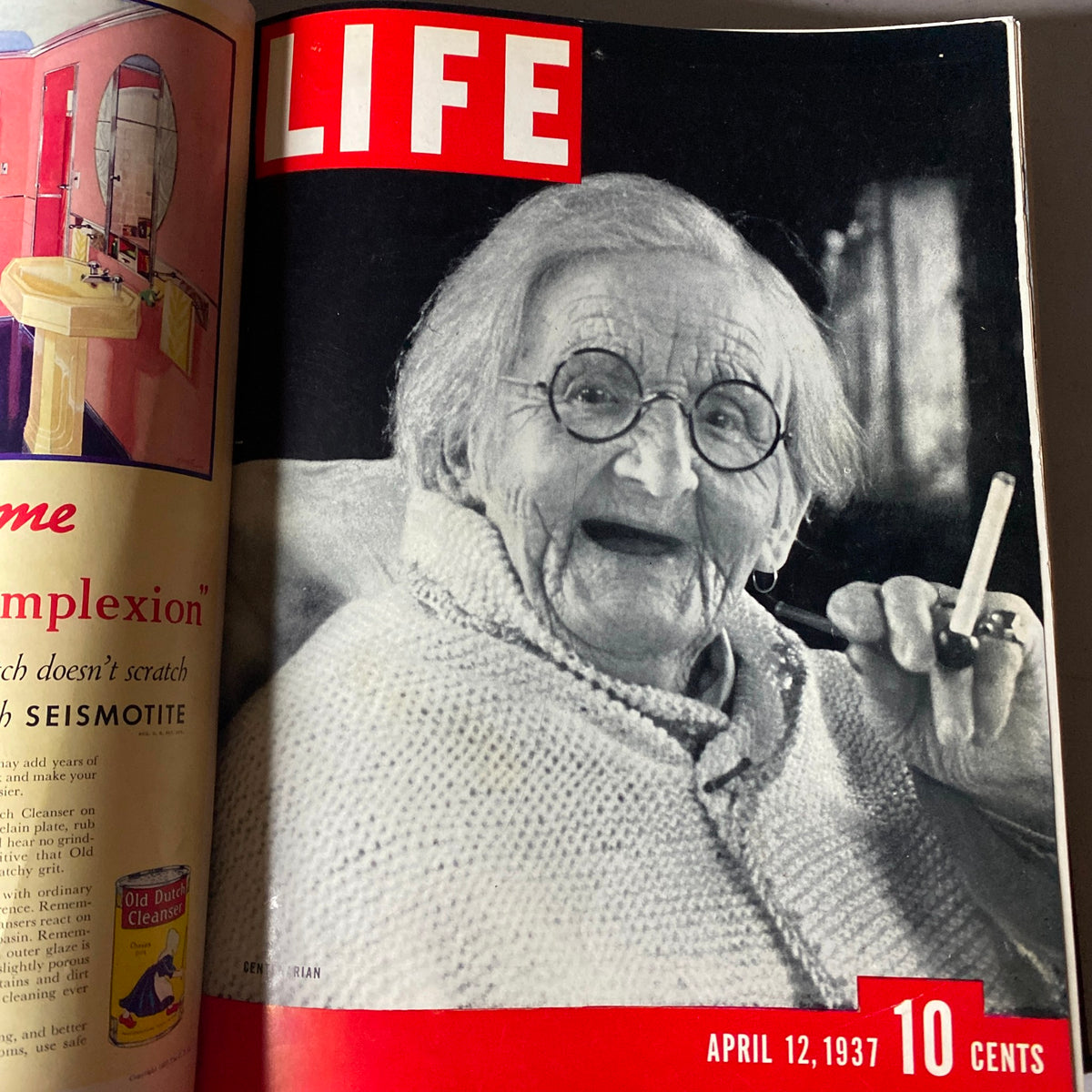 Cover of VTG 1937 Bound Life Magazine - April 12, 1937 issue featuring a 100-year-old woman smiling, holding a pipe.