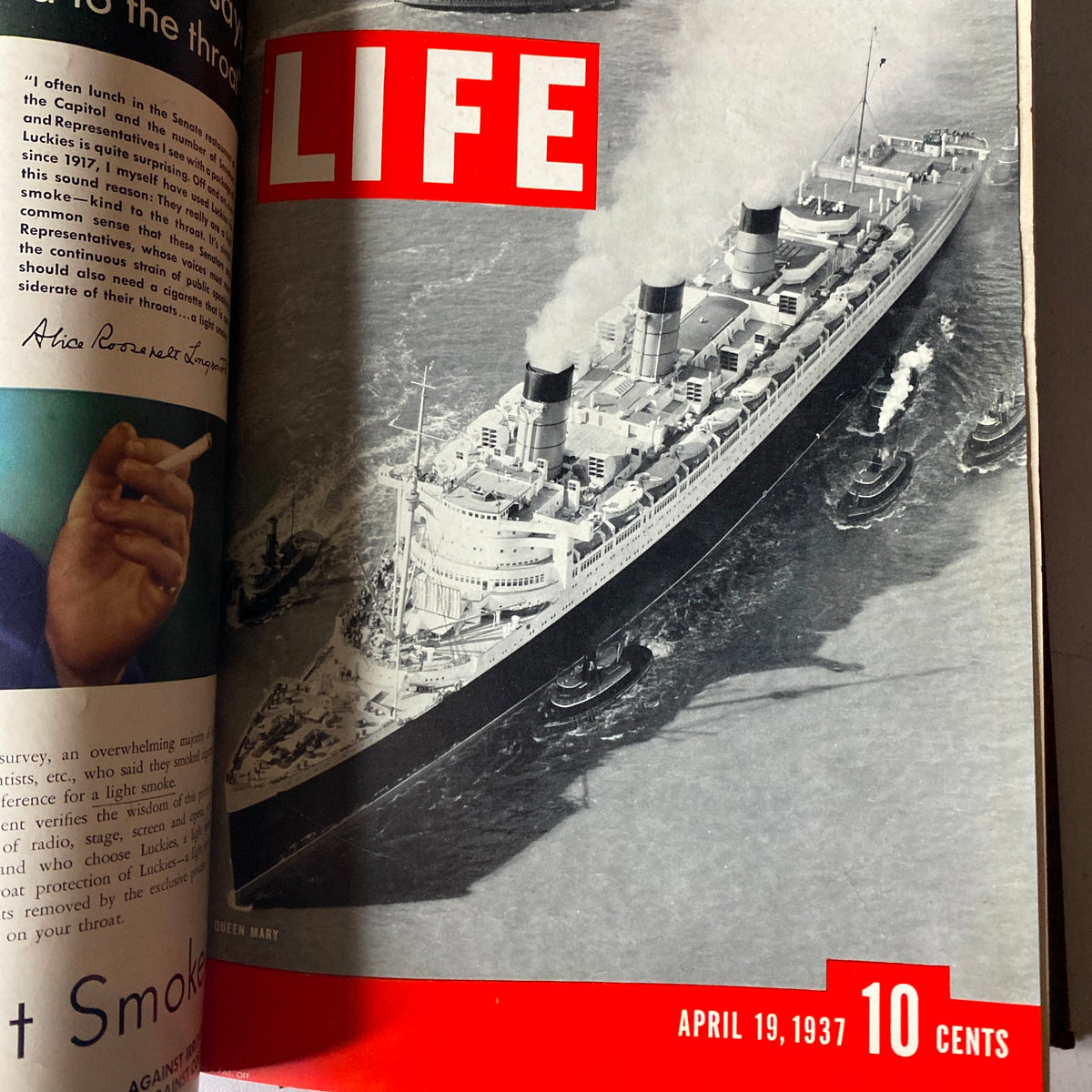 Cover image of the VTG 1937 Bound Life Magazine March - June Weekly Issue featuring the Queen Mary ocean liner, published on April 19, 1937, showcasing historical maritime imagery.