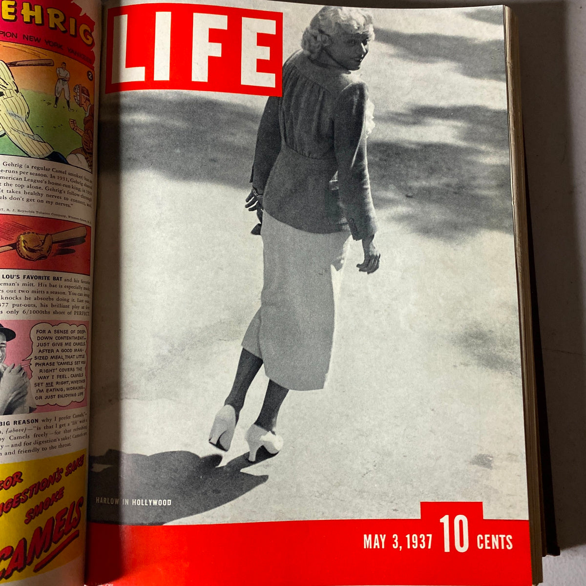 Cover image of the VTG 1937 Bound Life Magazine March - June Weekly Issue featuring a woman in a stylish outfit walking, published on May 3, 1937, capturing Hollywood fashion trends of the era.