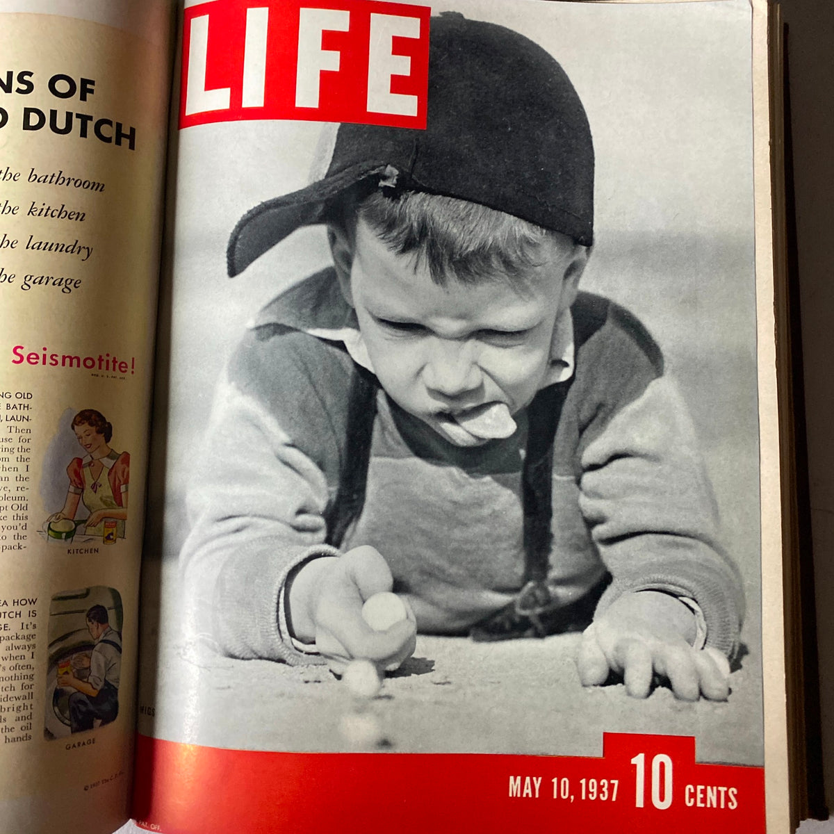 Cover image of the VTG 1937 Bound Life Magazine March - June Weekly Issue depicting a young boy playing marbles, published on May 10, 1937, illustrating childhood activities in the 1930s.