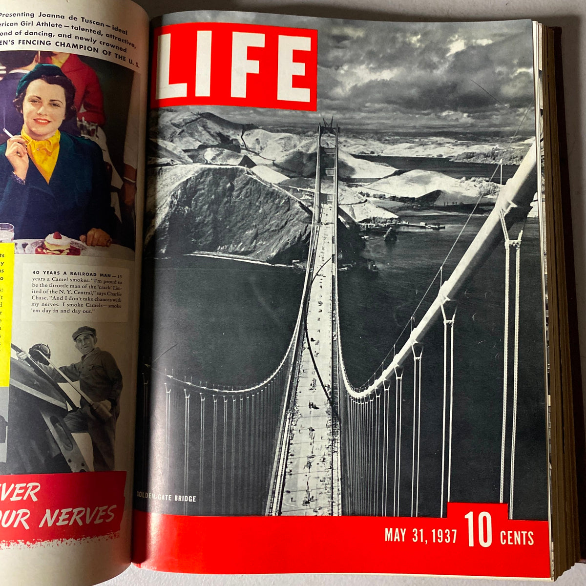 Cover of VTG 1937 Bound Life Magazine for May 31, 1937 showcasing an aerial view of the Golden Gate Bridge, illustrating the engineering marvel of the time.