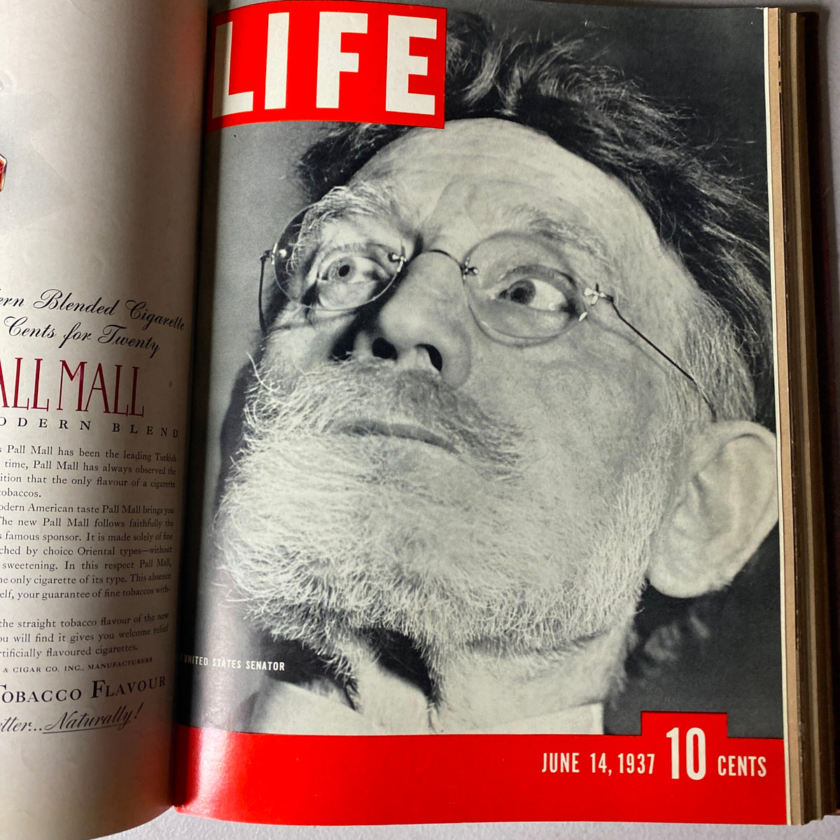 Cover of VTG 1937 Bound Life Magazine for June 14, 1937, showcasing a portrait of a distinguished man, possibly a U.S. senator, gazing upwards.