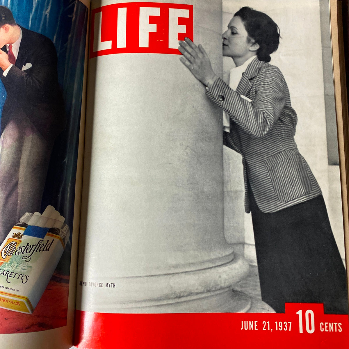 Cover of VTG 1937 Bound Life Magazine for June 21, 1937, depicting a woman affectionately touching a large pillar, representing the theme 'Reno Divorce Myth'.