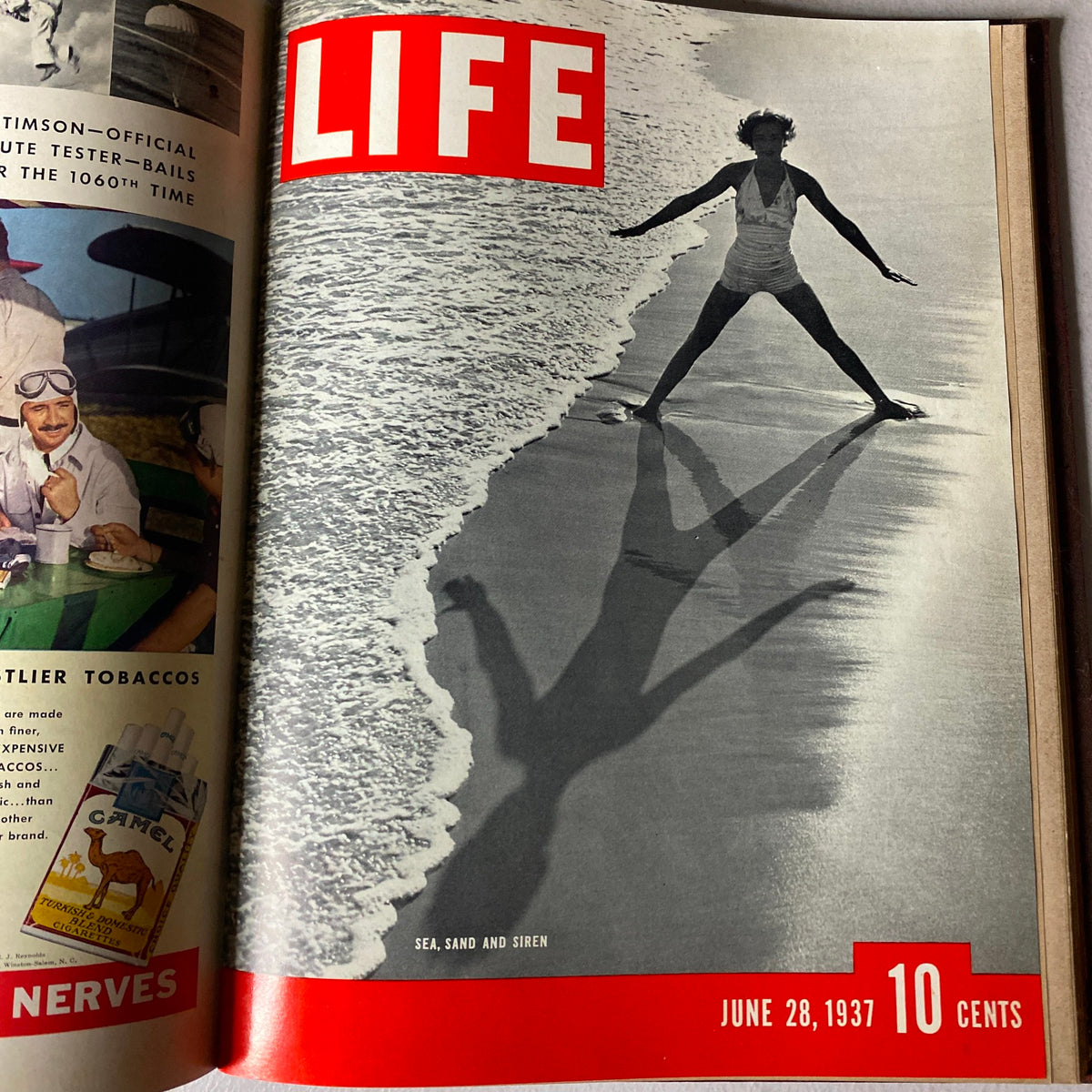 Cover of VTG 1937 Bound Life Magazine featuring a beach scene with a woman standing on the shoreline, dated June 28, 1937.