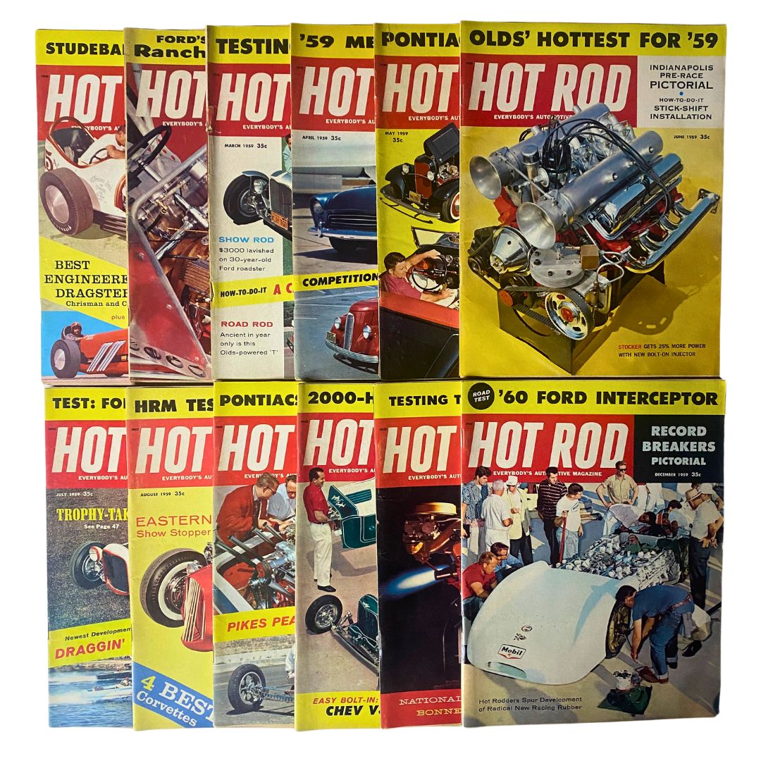 Lot of 12 Vintage Hot Rod Magazine January - December 1959 Complete Year