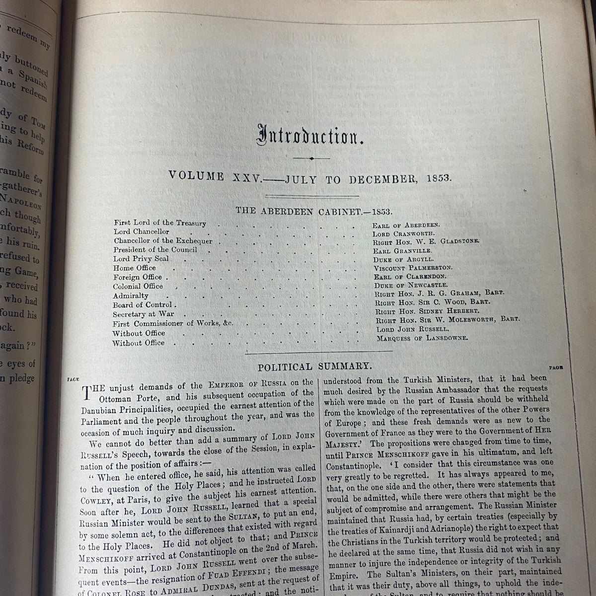 Introduction page of Punch Magazine Volume XXV from 1853, detailing political summaries and notable figures of the time, reflecting the magazine's critical take on contemporary issues.