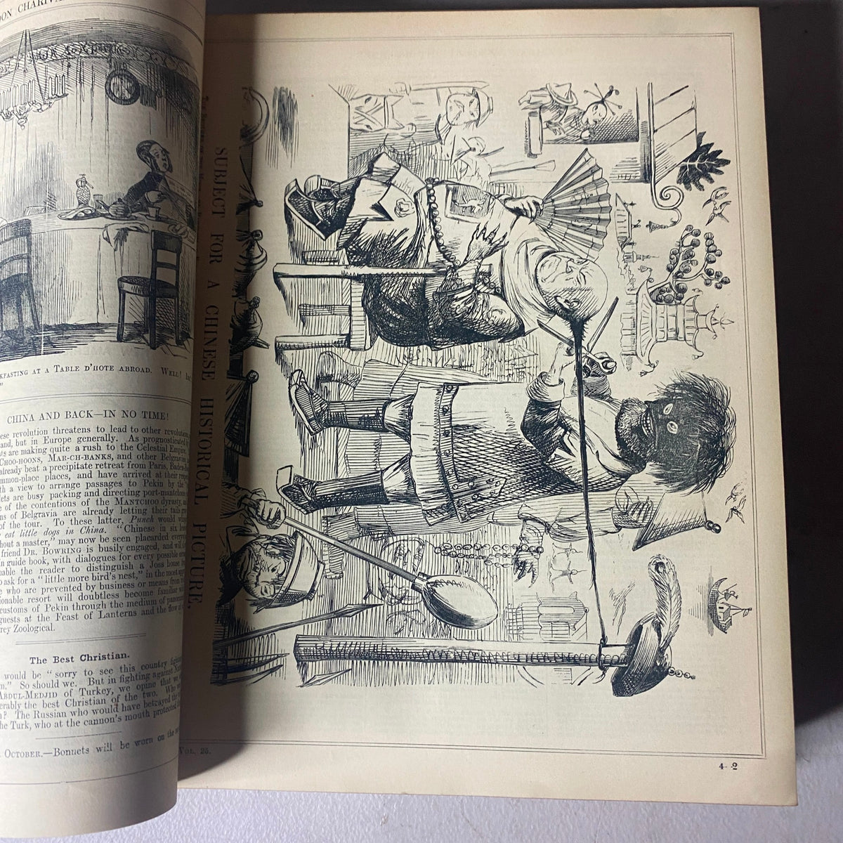Illustration from VTG 1853 Complete January - December Bound Punch Magazine Volume XXV featuring a satirical scene titled 'Mother for a Chinese Musical Picture', showcasing four characters in playful postures.