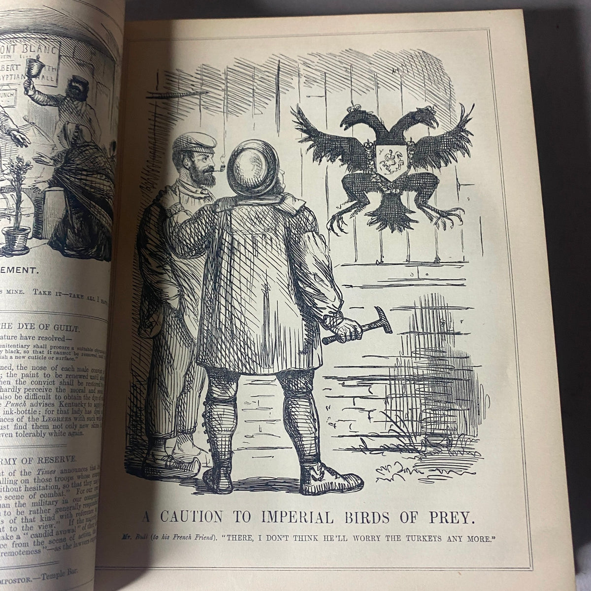 Illustration from VTG 1853 Complete January - December Bound Punch Magazine Volume XXV titled 'A Caution to Imperial Birds of Prey', depicting two men in conversation with a coat of arms in the background.
