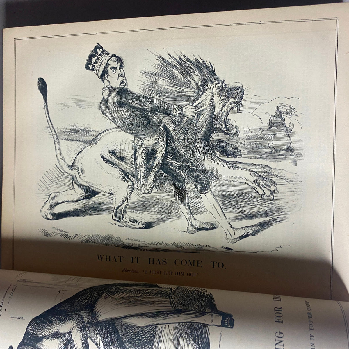 Illustration from VTG 1853 Complete January - December Bound Punch Magazine Volume XXV named 'What It Has Come To', featuring a comical scene of a man riding a lion, reflecting Victorian satire.