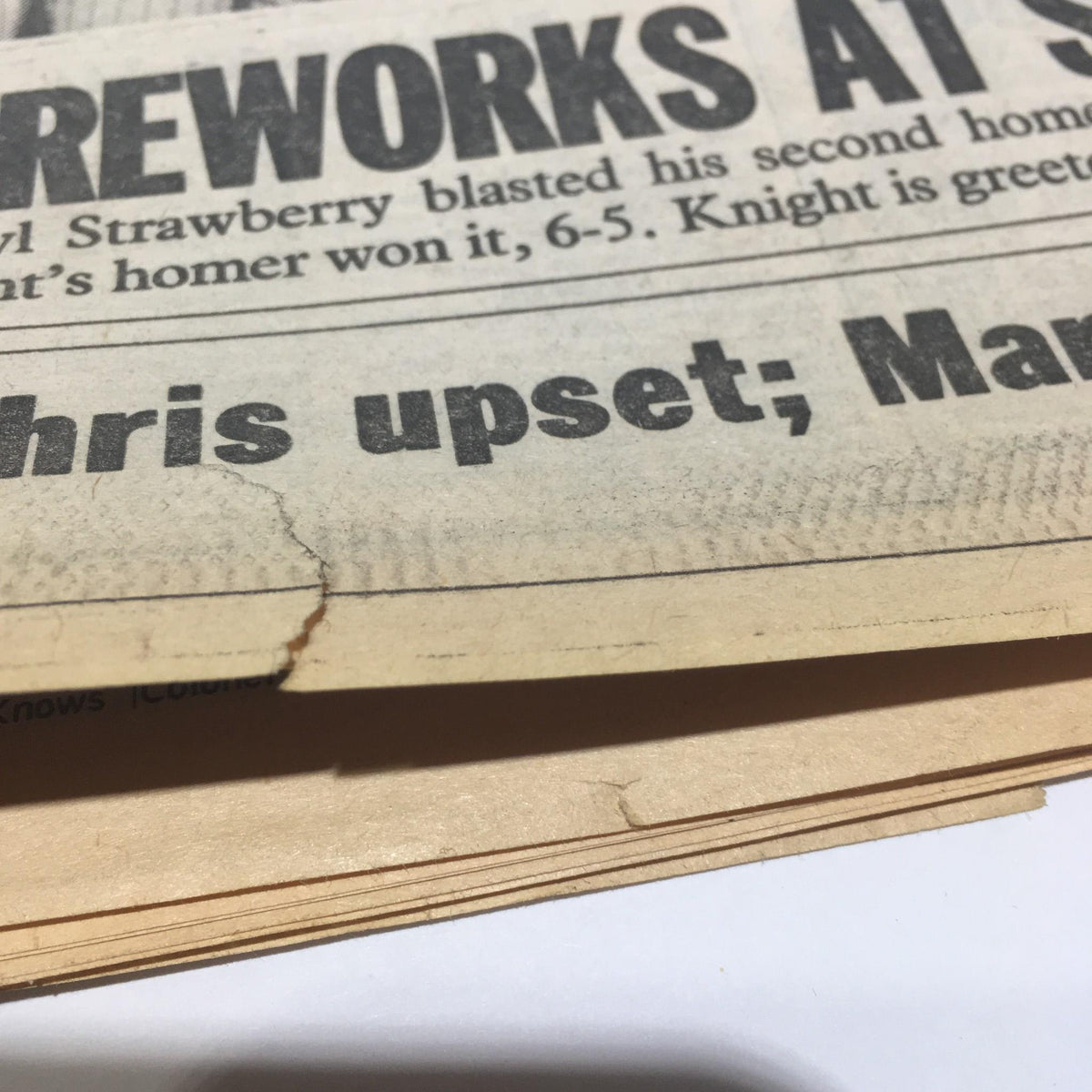 Detail of the July 4, 1986 Ny Daily News, capturing the headline about the fireworks and Chris Evert's upset in tennis.