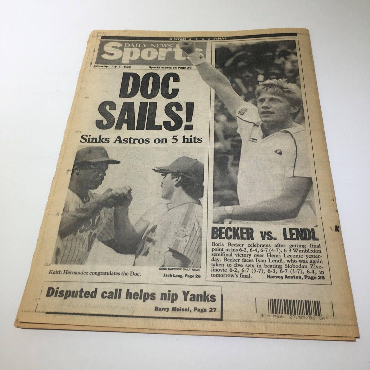 The sports section cover of the New York Daily News dated July 5, 1986, featuring the headline 'DOC SAILS!' and an article about Boris Becker and Ivan Lendl's tennis rivalry.