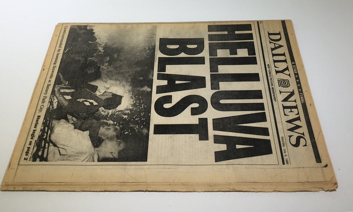 Another angle of the New York Daily News cover from July 5, 1986, showcasing the headline 'HELLUVA BLAST' alongside fireworks, emphasizing the festive atmosphere.