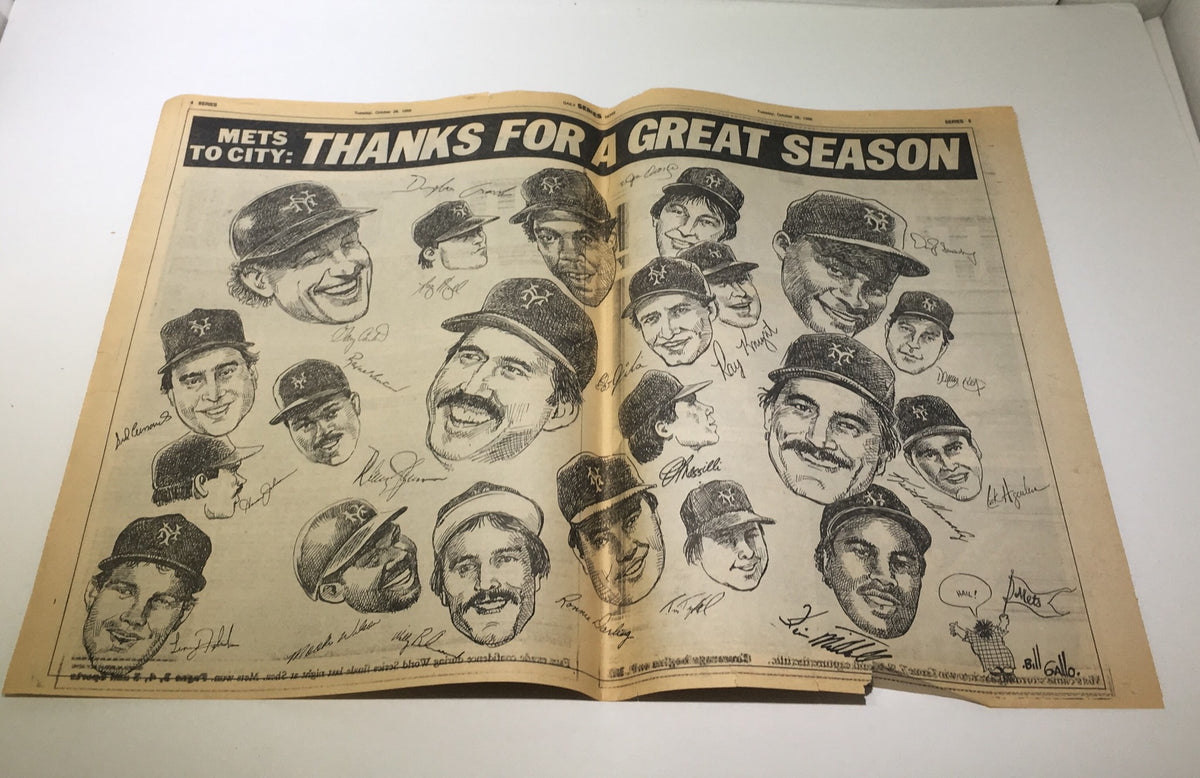 Inside page of the NY Daily News from October 28, 1986, featuring tribute illustrations of New York Mets players with the headline "THANKS FOR A GREAT SEASON."