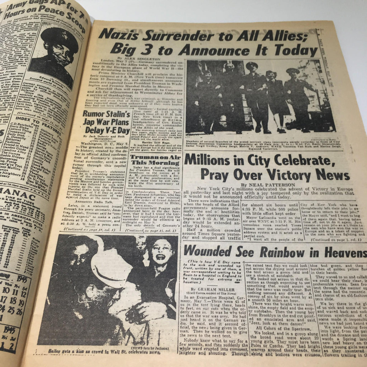 Inside page of the New York Daily News, May 8, 1945, detailing the surrender of Nazis and featuring stories on celebrations in the city, part of the proclamation due at 9 A.M.
