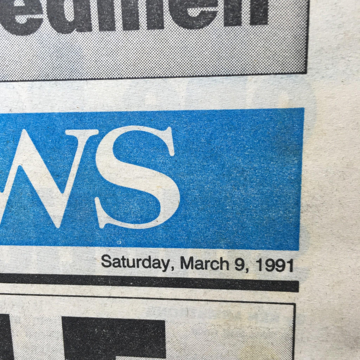 NY Daily News headline from March 9, 1991, displaying the date prominently, highlighting 'NEWS' with a blue background.