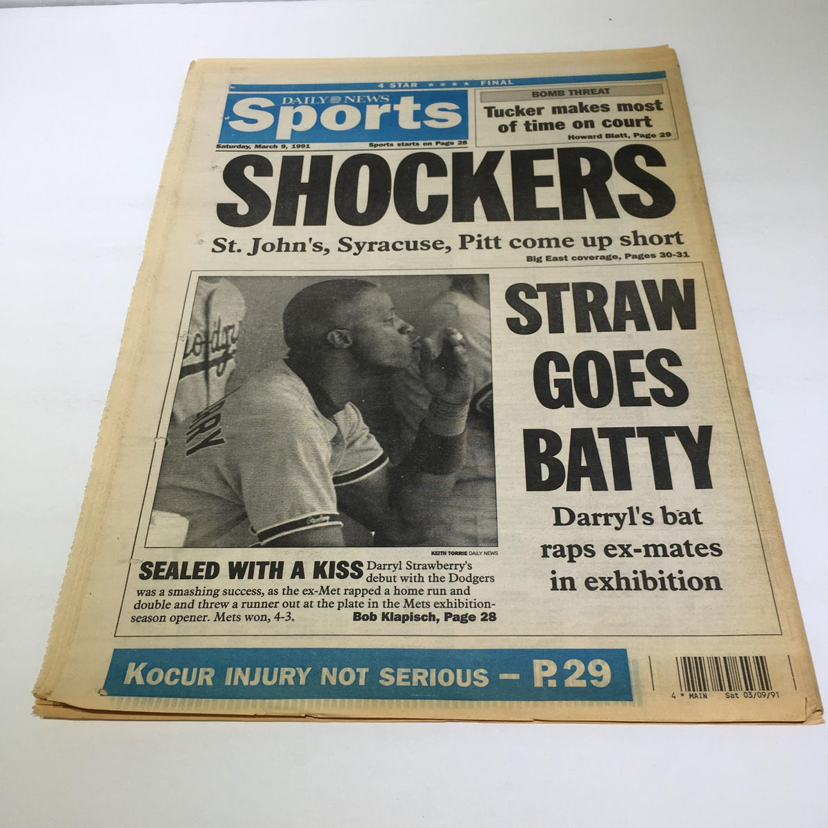 Sports section of the NY Daily News, March 9, 1991, featuring the headline 'SHOCKERS' and a story about Darryl Strawberry's impact in baseball.