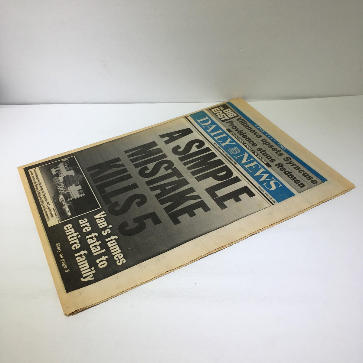 Front page of the NY Daily News from March 9, 1991, titled 'A Simple Mistake Kills 5', detailing a tragic news story.