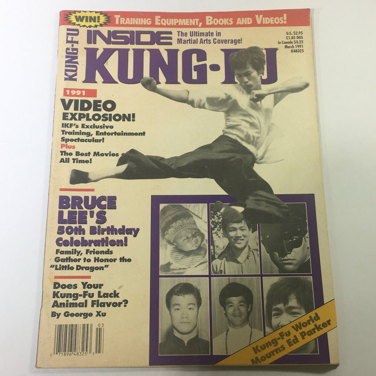 Cover of Inside Kung Fu Magazine March 1991 featuring Bruce Lee, known as the 'Little Dragon.' The cover highlights features on Bruce Lee's 50th birthday celebration and articles by George Xu, along with various martial arts imagery, representing the magazine's dedication to martial arts culture.