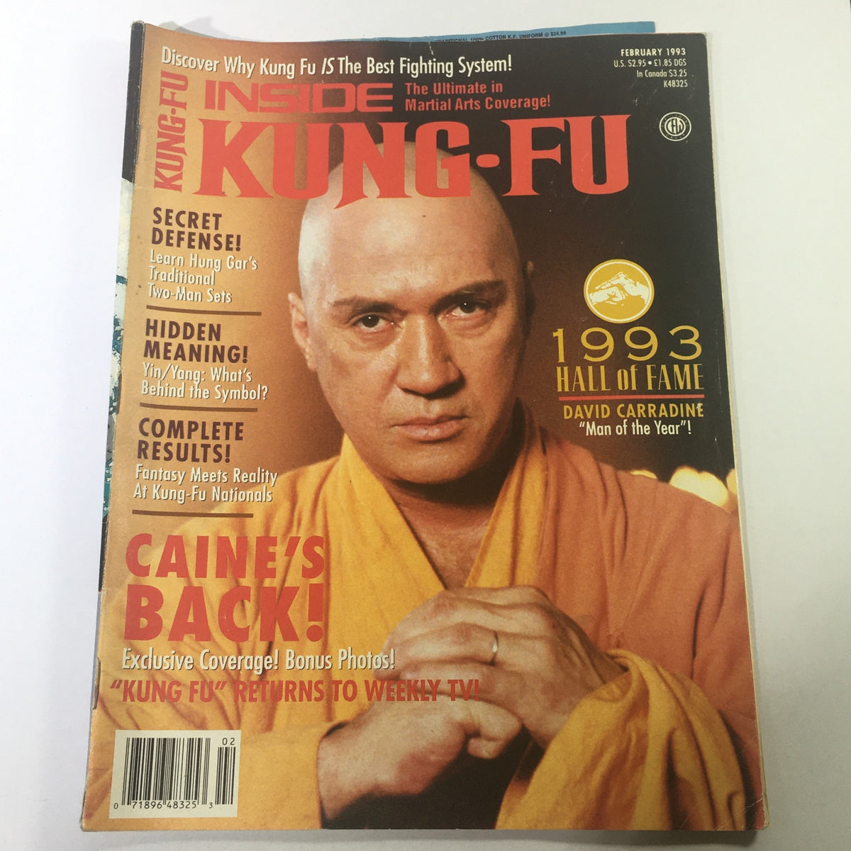 Cover of Inside Kung Fu Magazine February 1993 featuring David Carradine with headlines about Hung Gar Two-Man Sets and martial arts techniques.