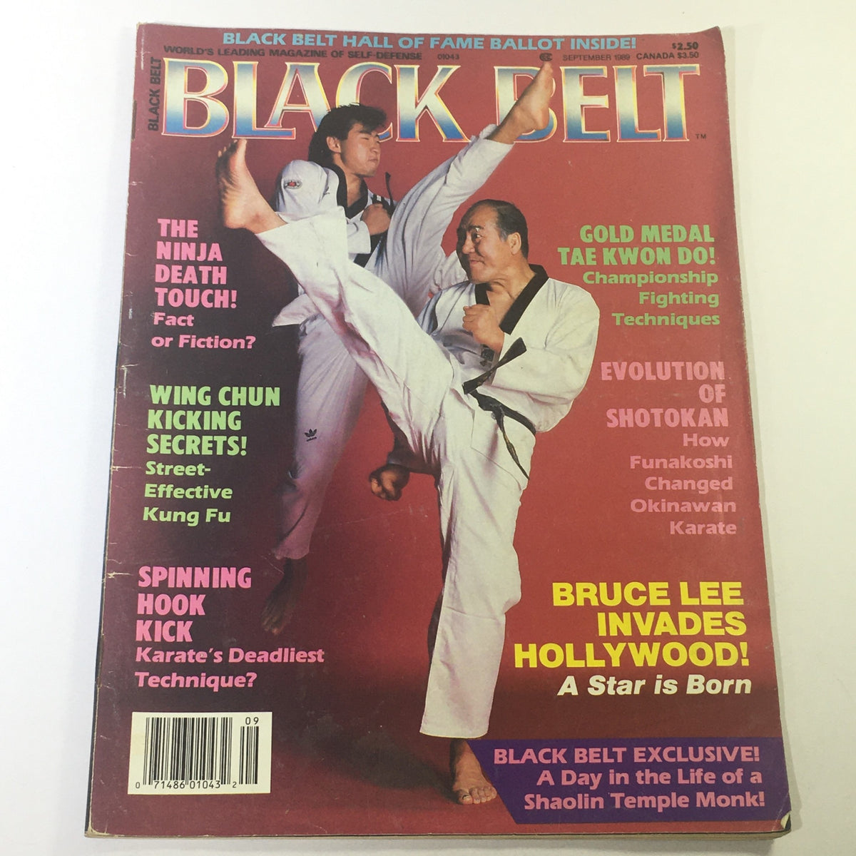 Cover of VTG Black Belt Magazine September 1989 featuring Bruce Lee and Master Gichin Funakoshi demonstrating martial arts techniques, showcasing articles on Tae Kwon Do and Shotokan karate.