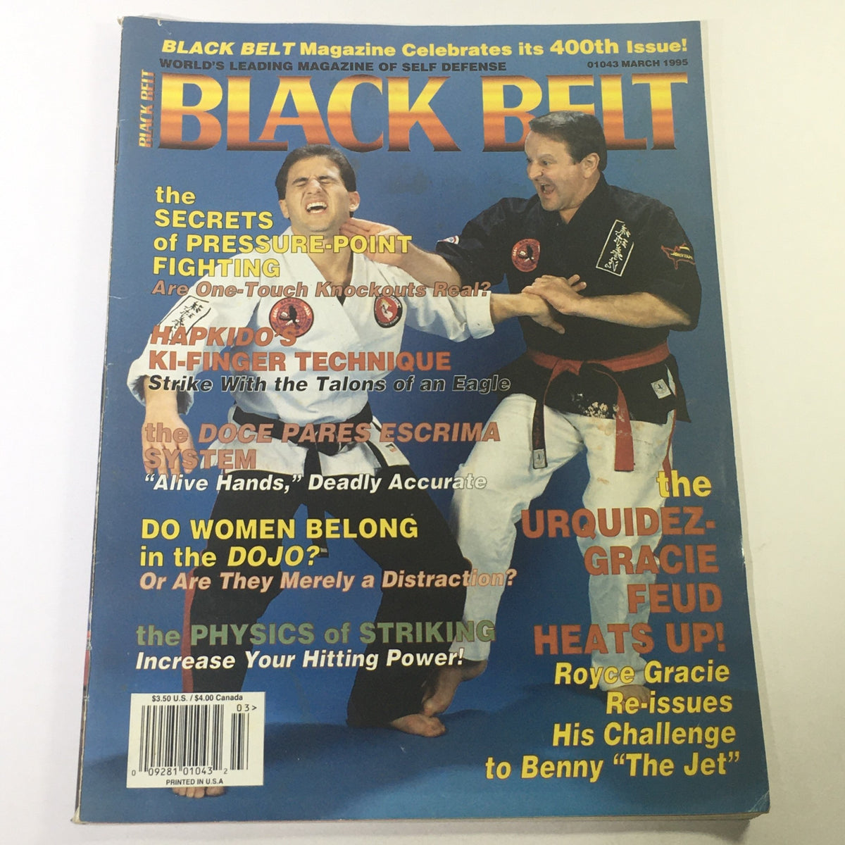 Cover of Black Belt Magazine March 1995 featuring the heated feud between Benny Urquidez and Royce Gracie, highlighting martial arts competition with vibrant visuals and key articles on pressure-point fighting and self-defense techniques.
