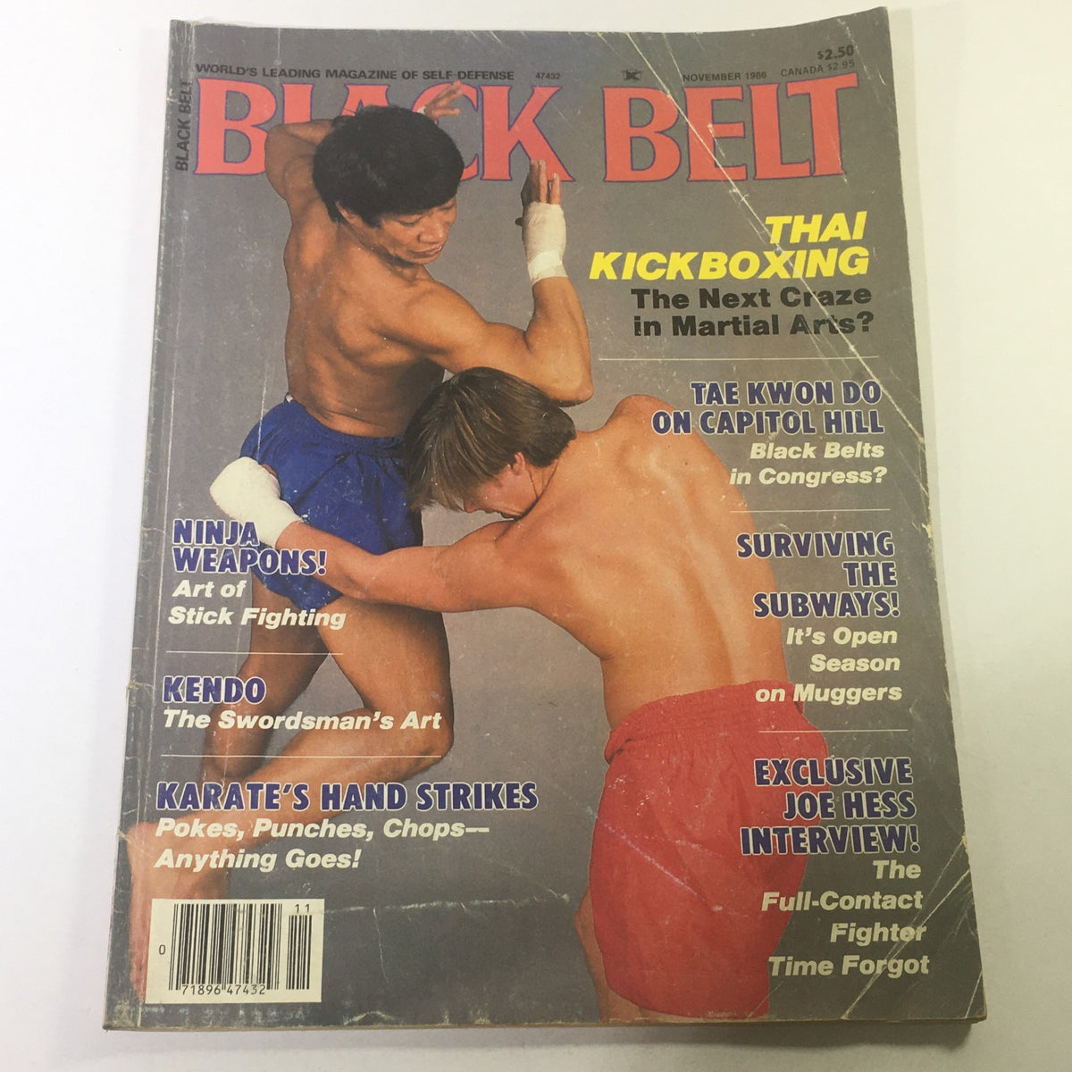 Vintage VTG Black Belt magazine cover from November 1986 featuring Thai kickboxing and an exclusive Joe Hess interview. The cover highlights martial arts topics and is an essential collectible for enthusiasts.