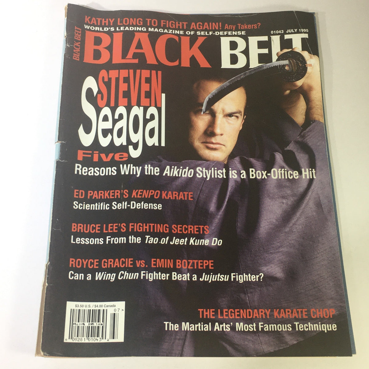 Black Belt Magazine July 1995 cover featuring Steven Seagal, highlighting martial arts topics including Aikido, Kenpo Karate, and a fight analysis between Royce Gracie and Emin Boztepe.