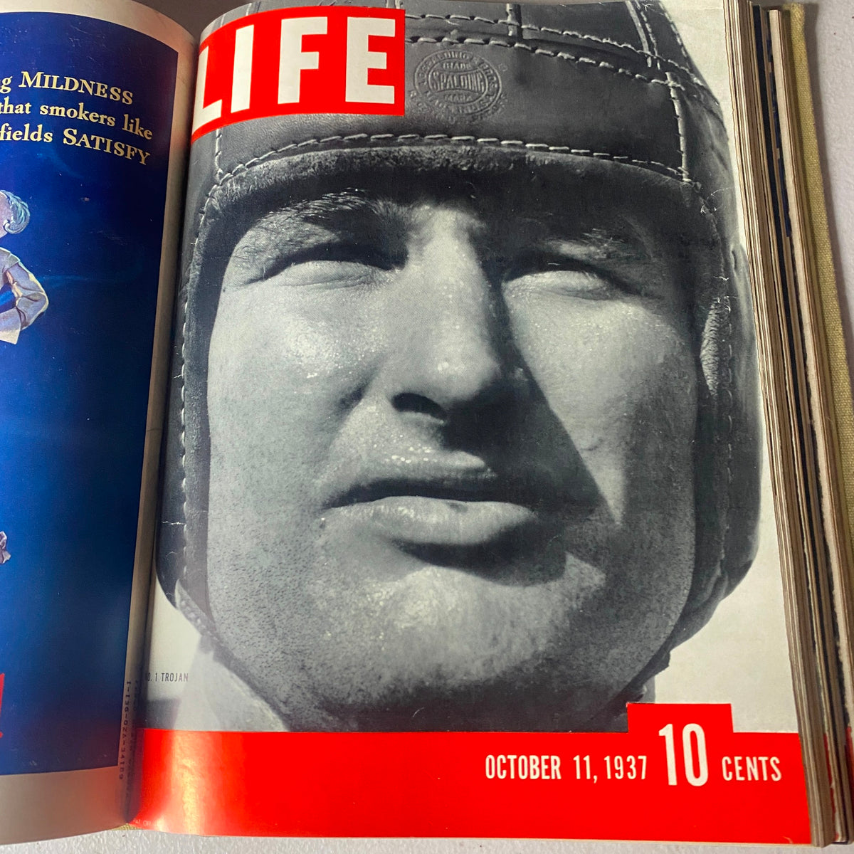 Cover image of VTG 1937 Bound Life Magazine displaying a close-up of a man in a leather helmet, dated October 11, 1937, representing sports themes.