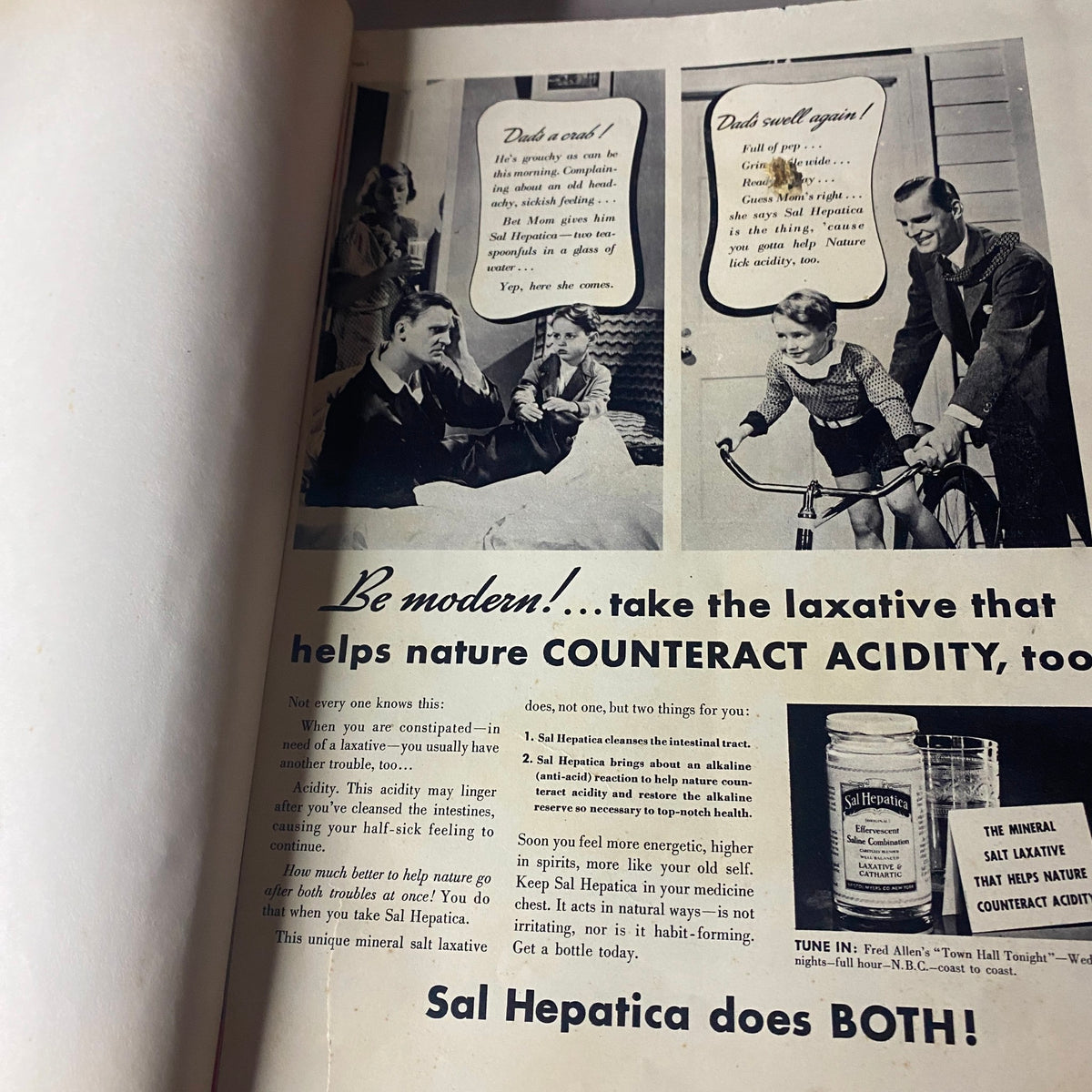 An advertisement page from the VTG 1937 Bound Life Magazine May - June Weekly Issue, featuring a family and a humorous promo for Sal Hepatica.