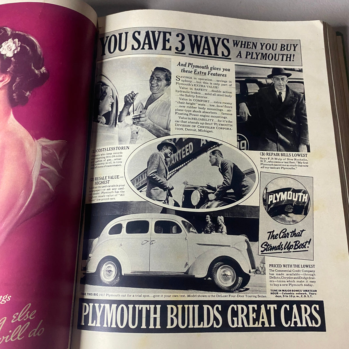 Vintage advertisement spread from VTG 1937 Bound Life Magazine showcasing Plymouth cars with the slogan 'Plymouth Builds Great Cars' highlighting features and deals.