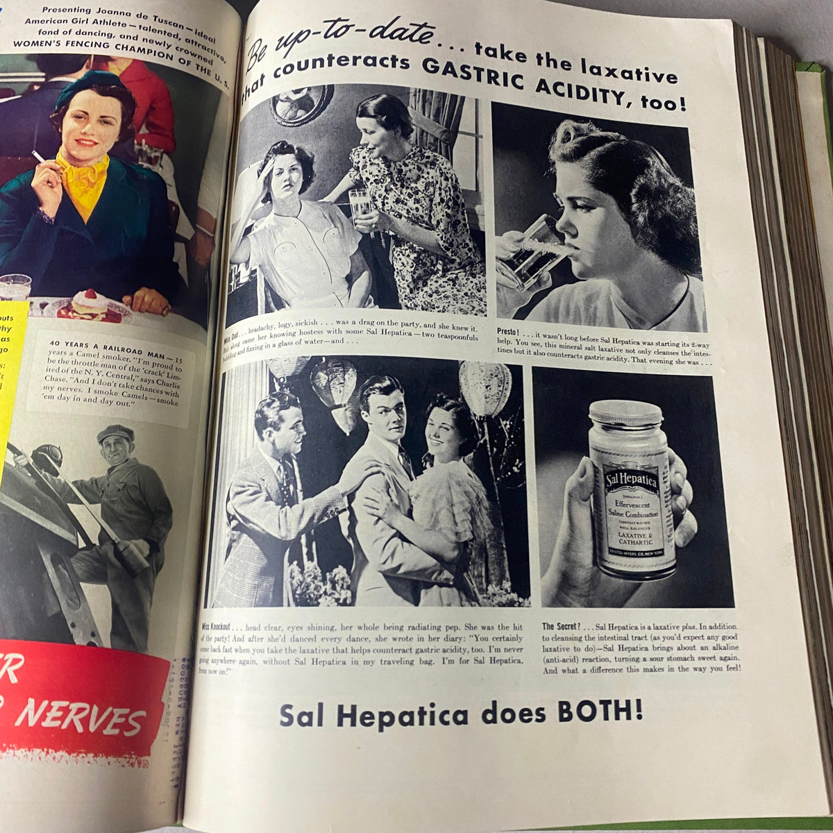 Vintage advertisement in VTG 1937 Bound Life Magazine promoting Sal Hepatica as a laxative for gastric acidity with images of a party scene and health advice.