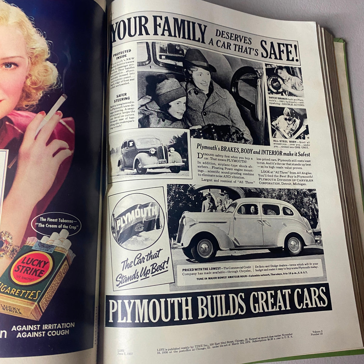 Plymouth car advertisement in VTG 1937 Bound Life Magazine emphasizing family safety features and vehicle specifications.